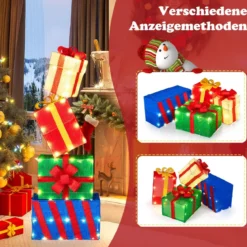 4er Set beleuchteten Weihnachtsgeschenkboxen leuchtende Geschenkboxen mit bunten Schleifen Mehrfarbig