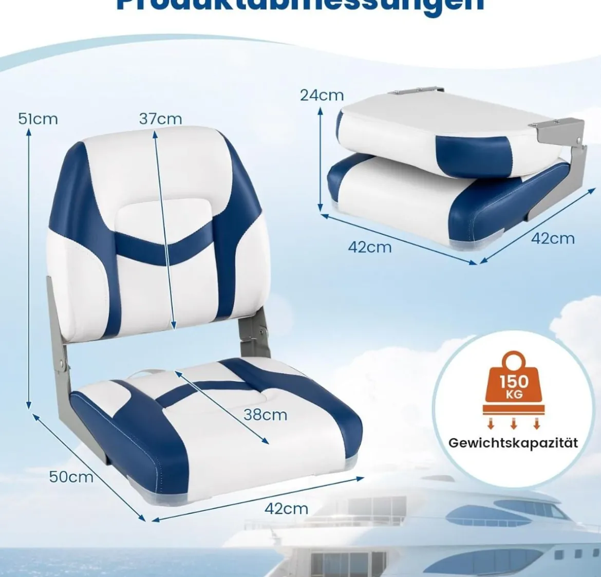 2er Set Bootssitz mit 7 cm Dicker Schaumstoffpolsterung & Niedriger Rückenlehne Bootsstuhl