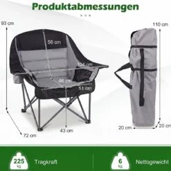 2er Set Campingstuhl Faltbar Gepolsterter Klappstuhl mit Getränkehalter Blastbar bis 225 kg Grau/Blau