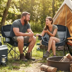2er Set Campingstuhl Faltbar Gepolsterter Klappstuhl mit Getränkehalter Blastbar bis 225 kg Grau/Blau