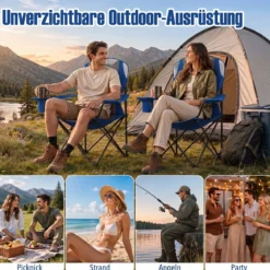 2er Set Campingstuhl Klappbar tragbarer Angelstuhl mit Getränkehalter Rutschfesten Füßen Blau