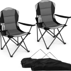 2er Set Campingstuhl Klappbar tragbarer Angelstuhl mit Getränkehalter Rutschfesten Füßen Schwarz