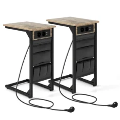 2er Set C-förmiger Beistelltisch mit Ladestation & USB Anschlüssen & Seitentasche Nachttisch