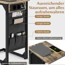 2er Set C-förmiger Beistelltisch mit Ladestation & USB Anschlüssen & Seitentasche Nachttisch