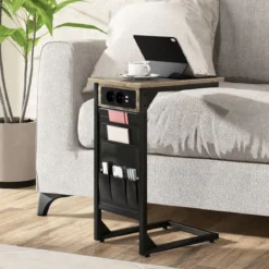 2er Set C-förmiger Beistelltisch mit Ladestation & USB Anschlüssen & Seitentasche Nachttisch