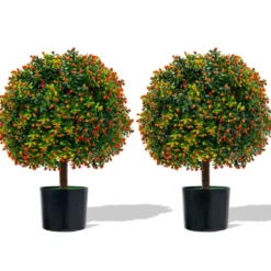 2er Set 55 cm Kunstpflanze mit Früchten & Topf Buchsbaum Topiary Kugelbaum Grün + Orange