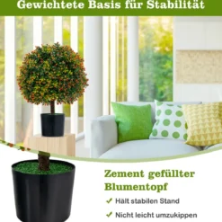 2er Set 55 cm Kunstpflanze mit Früchten & Topf Buchsbaum Topiary Kugelbaum Grün + Orange