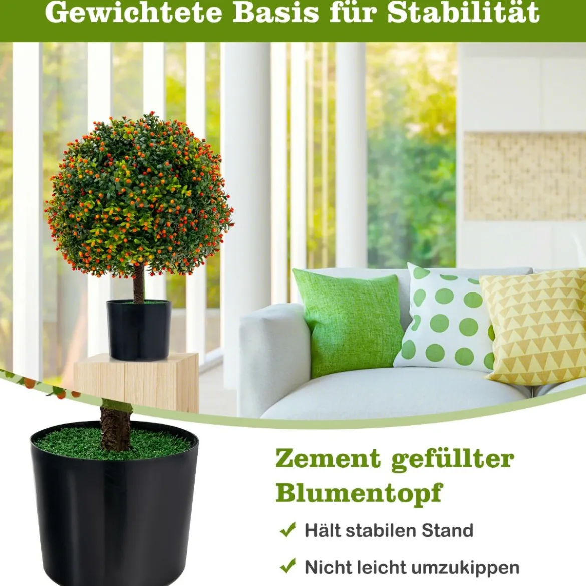 2er Set 55 cm Kunstpflanze mit Früchten & Topf Buchsbaum Topiary Kugelbaum Grün + Orange