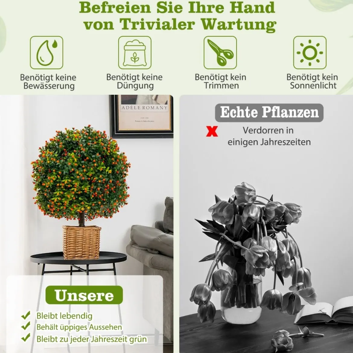 2er Set 55 cm Kunstpflanze mit Früchten & Topf Buchsbaum Topiary Kugelbaum Grün + Orange