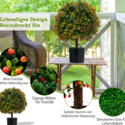 2er Set 55 cm Kunstpflanze mit Früchten & Topf Buchsbaum Topiary Kugelbaum Grün + Orange