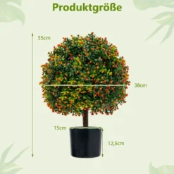 2er Set 55 cm Kunstpflanze mit Früchten & Topf Buchsbaum Topiary Kugelbaum Grün + Orange