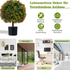 2er Set 55 cm Kunstpflanze mit Früchten & Topf Buchsbaum Topiary Kugelbaum Grün + Orange