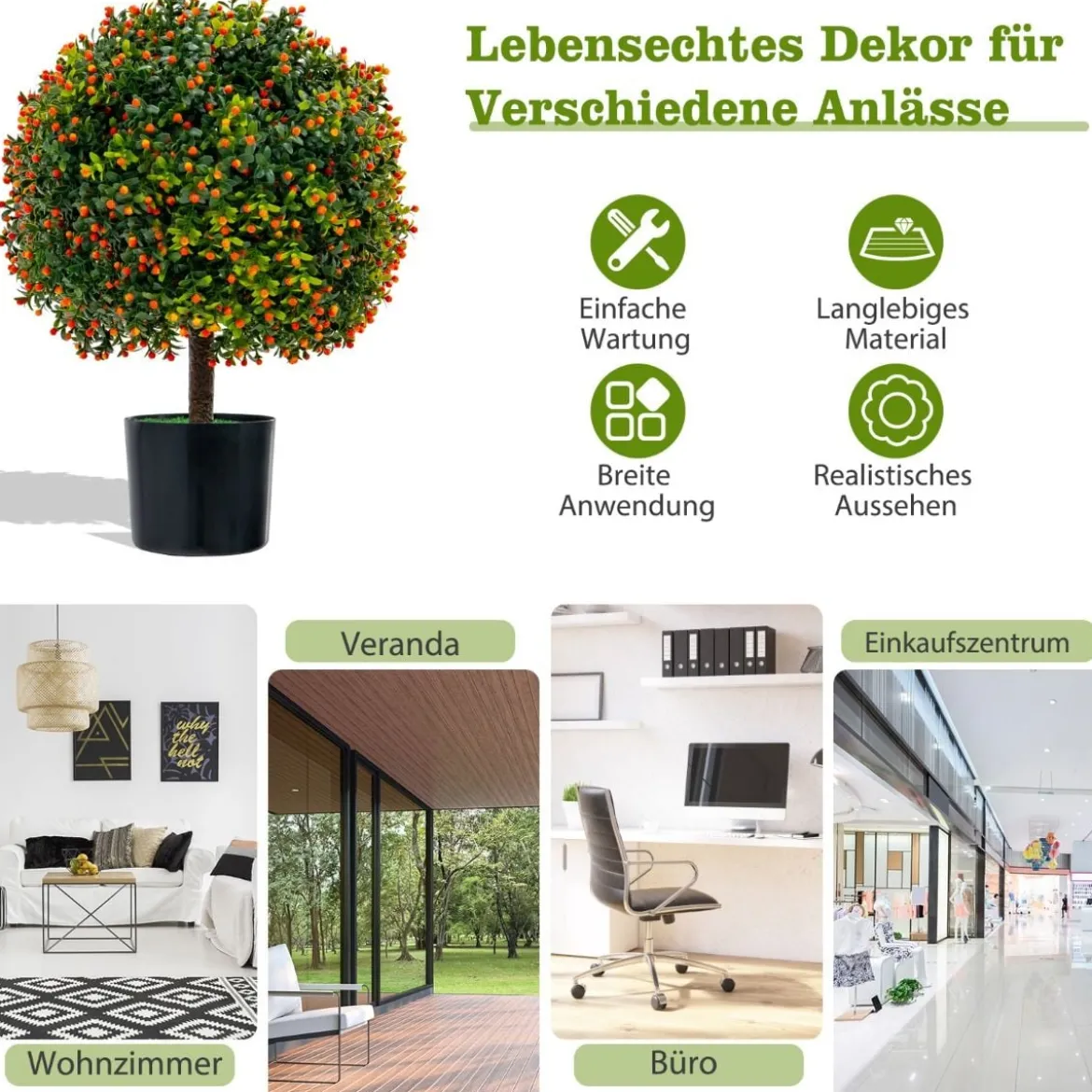 2er Set 55 cm Kunstpflanze mit Früchten & Topf Buchsbaum Topiary Kugelbaum Grün + Orange