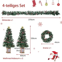 2er Set 120 cm Mini Künstlicher Weihnachtsbaum im Topf mit Weihnachtsgirlande & -kranz