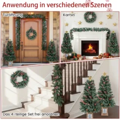 2er Set 120 cm Mini Künstlicher Weihnachtsbaum im Topf mit Weihnachtsgirlande & -kranz