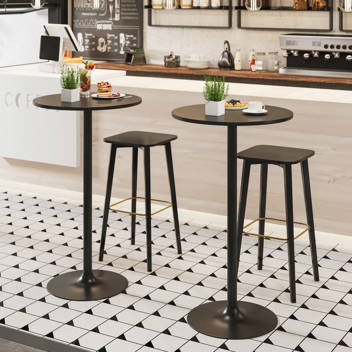 2er Set Ø 60 cm Stehtisch 2 in 1 Bartisch & Esstisch Höhenverstellbarer Bistrotisch Schwarz