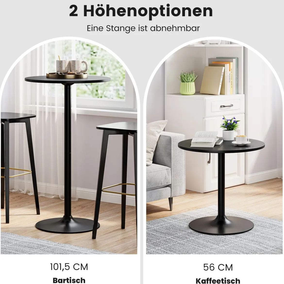 2er Set Ø 60 cm Stehtisch 2 in 1 Bartisch & Esstisch Höhenverstellbarer Bistrotisch Schwarz