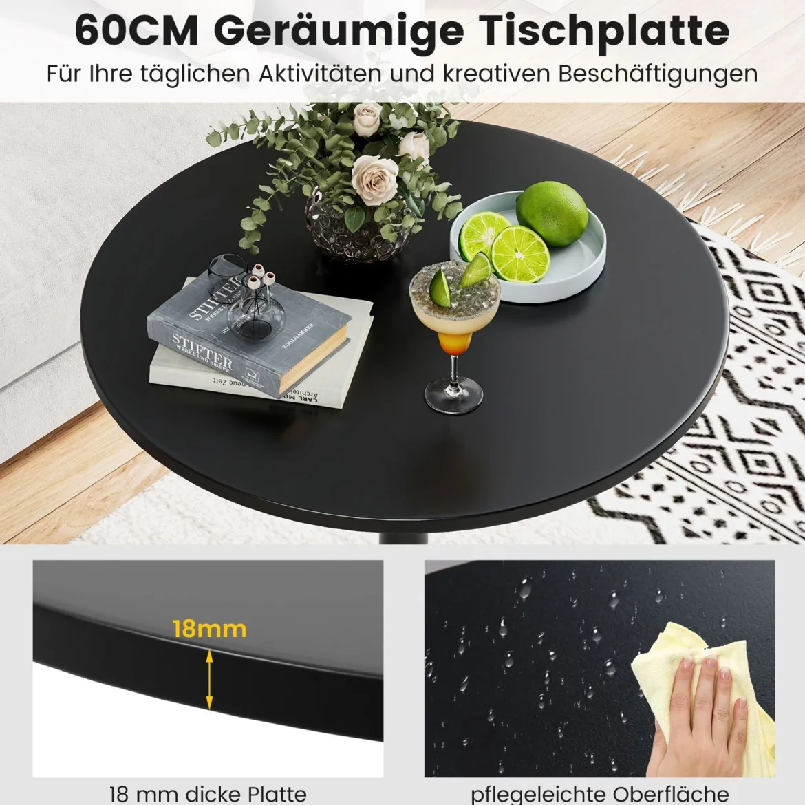 2er Set Ø 60 cm Stehtisch 2 in 1 Bartisch & Esstisch Höhenverstellbarer Bistrotisch Schwarz