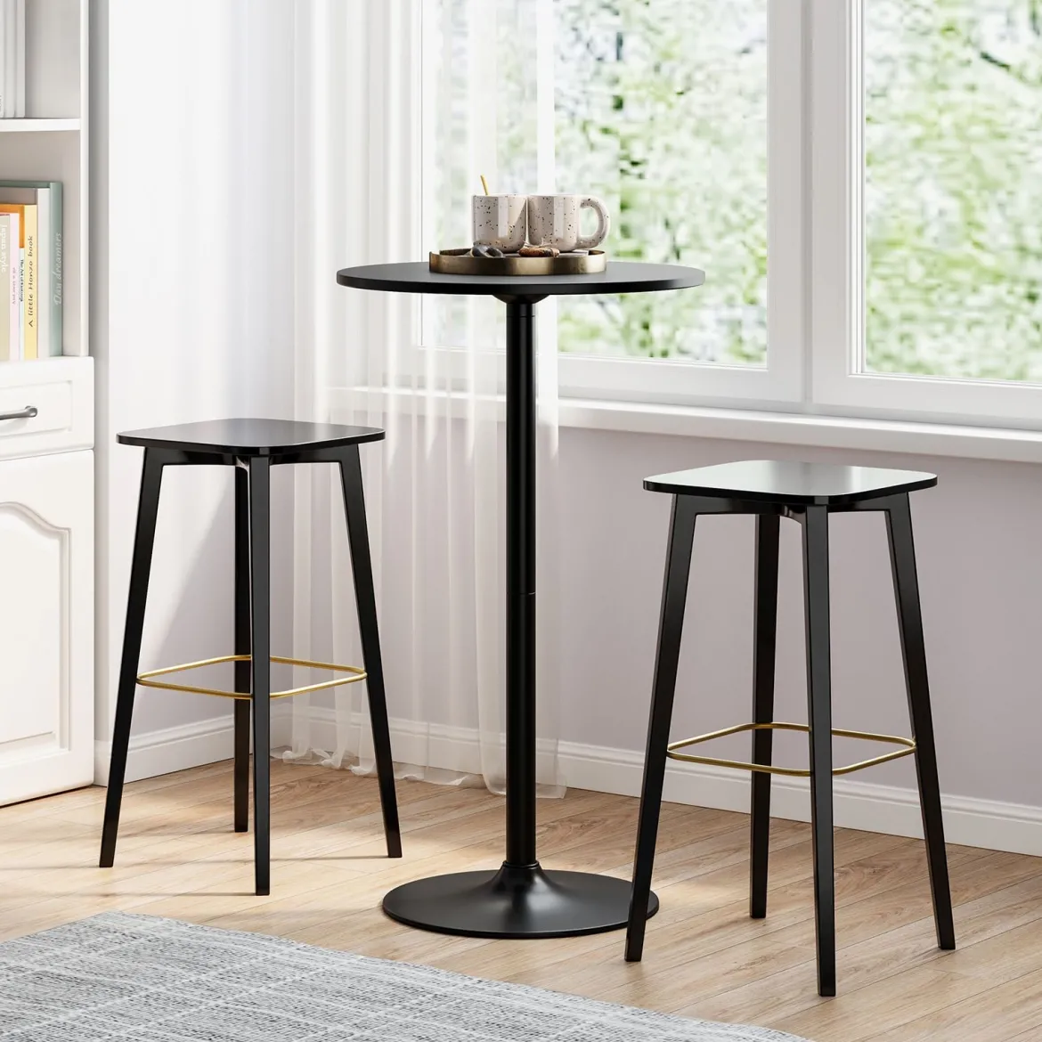 2er Set Ø 60 cm Stehtisch 2 in 1 Bartisch & Esstisch Höhenverstellbarer Bistrotisch Schwarz