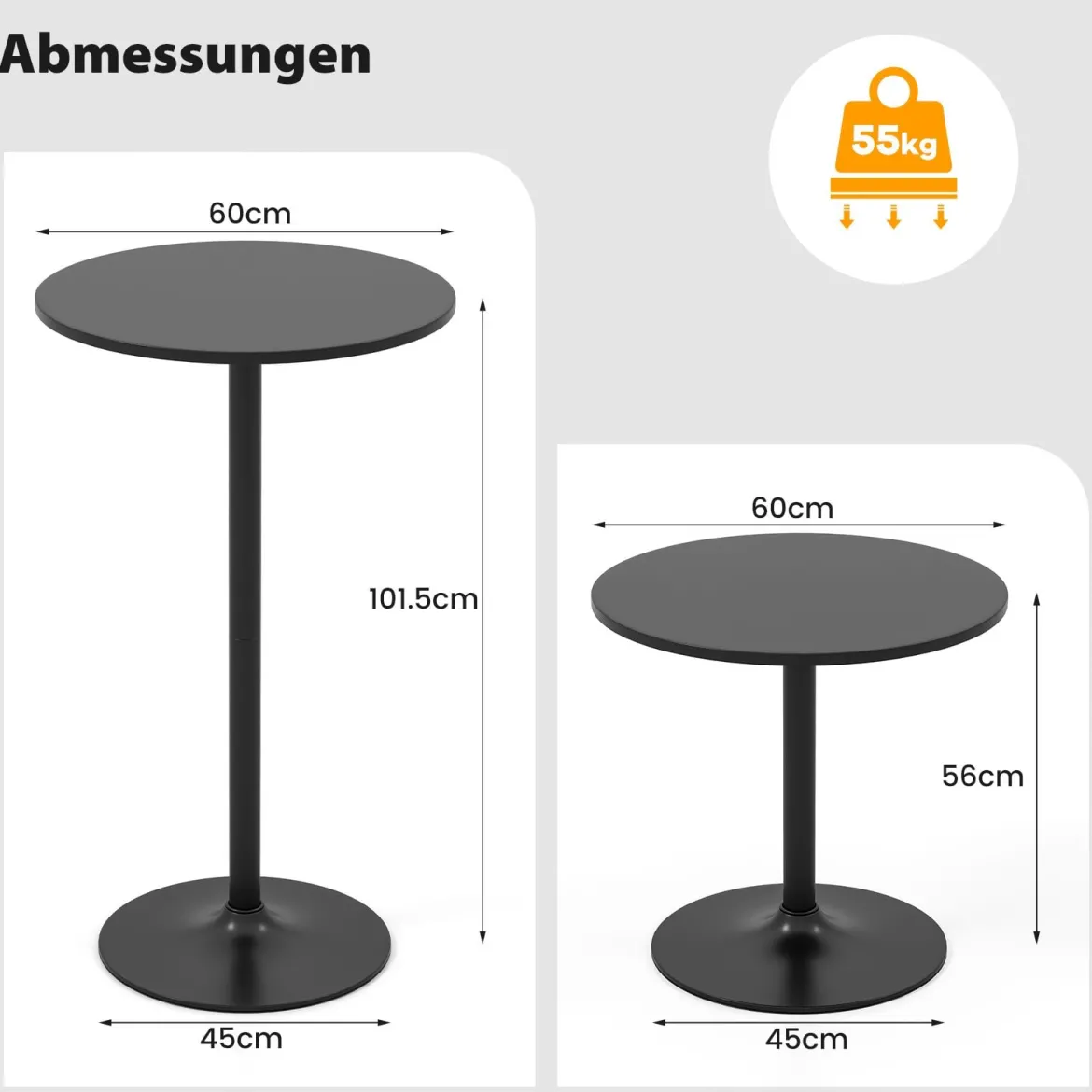 2er Set Ø 60 cm Stehtisch 2 in 1 Bartisch & Esstisch Höhenverstellbarer Bistrotisch Schwarz
