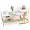 2er Set Couchtisch Beistelltisch Marmor Optik mit Metallrahmen & Ablage Gold und Weiß