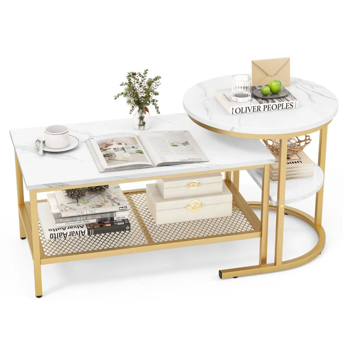 2er Set Couchtisch Beistelltisch Marmor Optik mit Metallrahmen & Ablage Gold und Weiß
