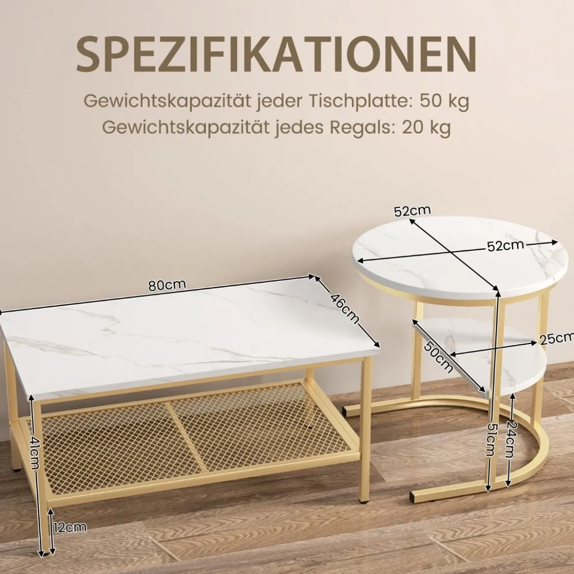 2er Set Couchtisch Beistelltisch Marmor Optik mit Metallrahmen & Ablage Gold und Weiß