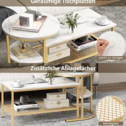 2er Set Couchtisch Beistelltisch Marmor Optik mit Metallrahmen & Ablage Gold und Weiß