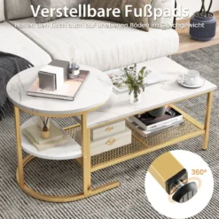 2er Set Couchtisch Beistelltisch Marmor Optik mit Metallrahmen & Ablage Gold und Weiß
