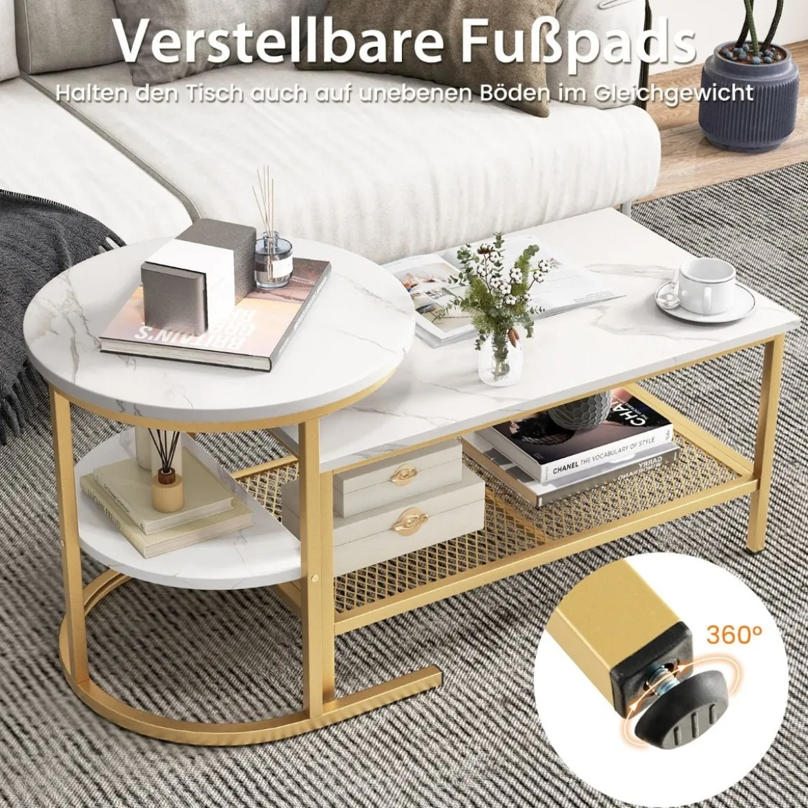 2er Set Couchtisch Beistelltisch Marmor Optik mit Metallrahmen & Ablage Gold und Weiß