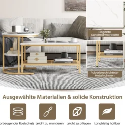 2er Set Couchtisch Beistelltisch Marmor Optik mit Metallrahmen & Ablage Gold und Weiß