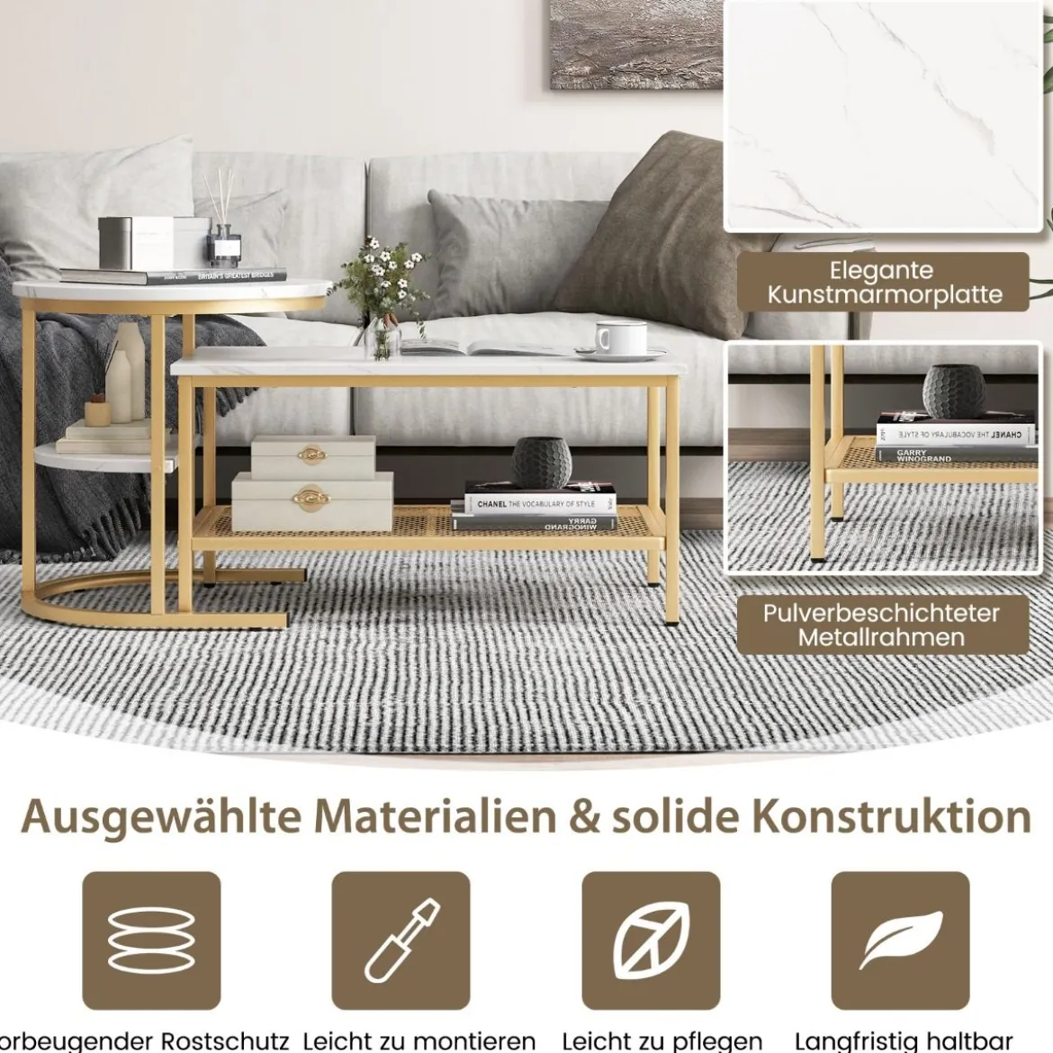 2er Set Couchtisch Beistelltisch Marmor Optik mit Metallrahmen & Ablage Gold und Weiß