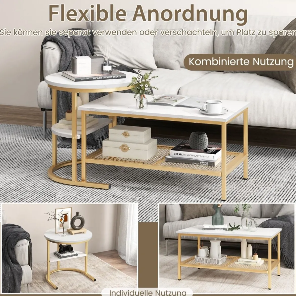 2er Set Couchtisch Beistelltisch Marmor Optik mit Metallrahmen & Ablage Gold und Weiß