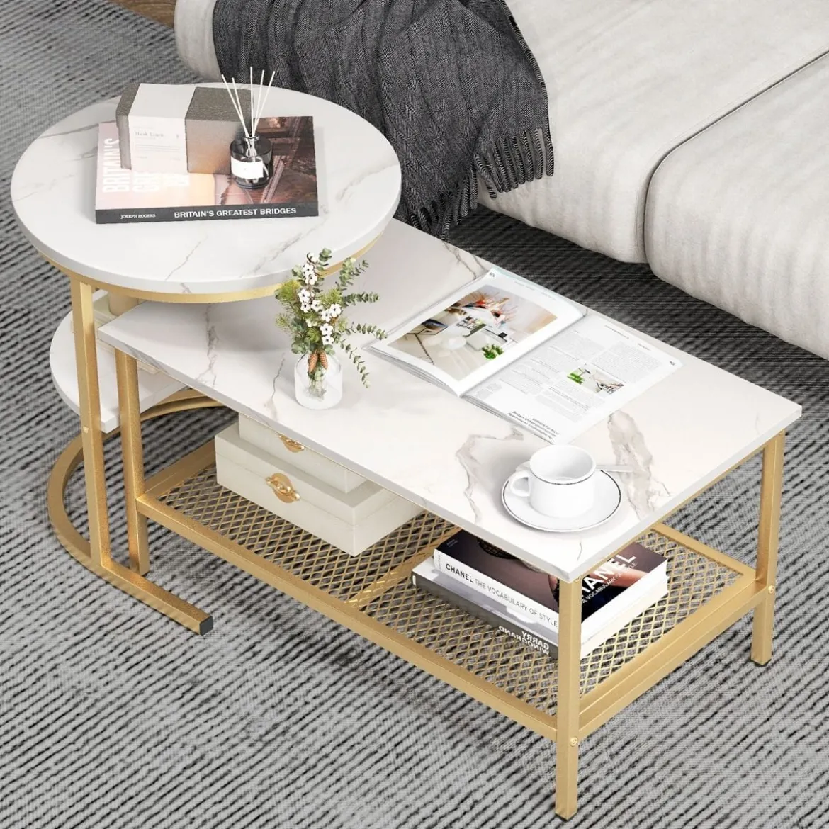 2er Set Couchtisch Beistelltisch Marmor Optik mit Metallrahmen & Ablage Gold und Weiß