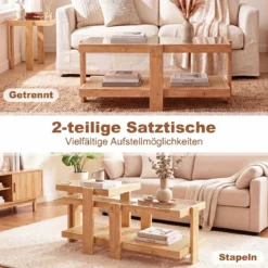 2er Set Couchtisch im Boho-Stil Stapelbarer Beistelltisch aus PE-Rattan mit Gehärtete Glasplatte Natur