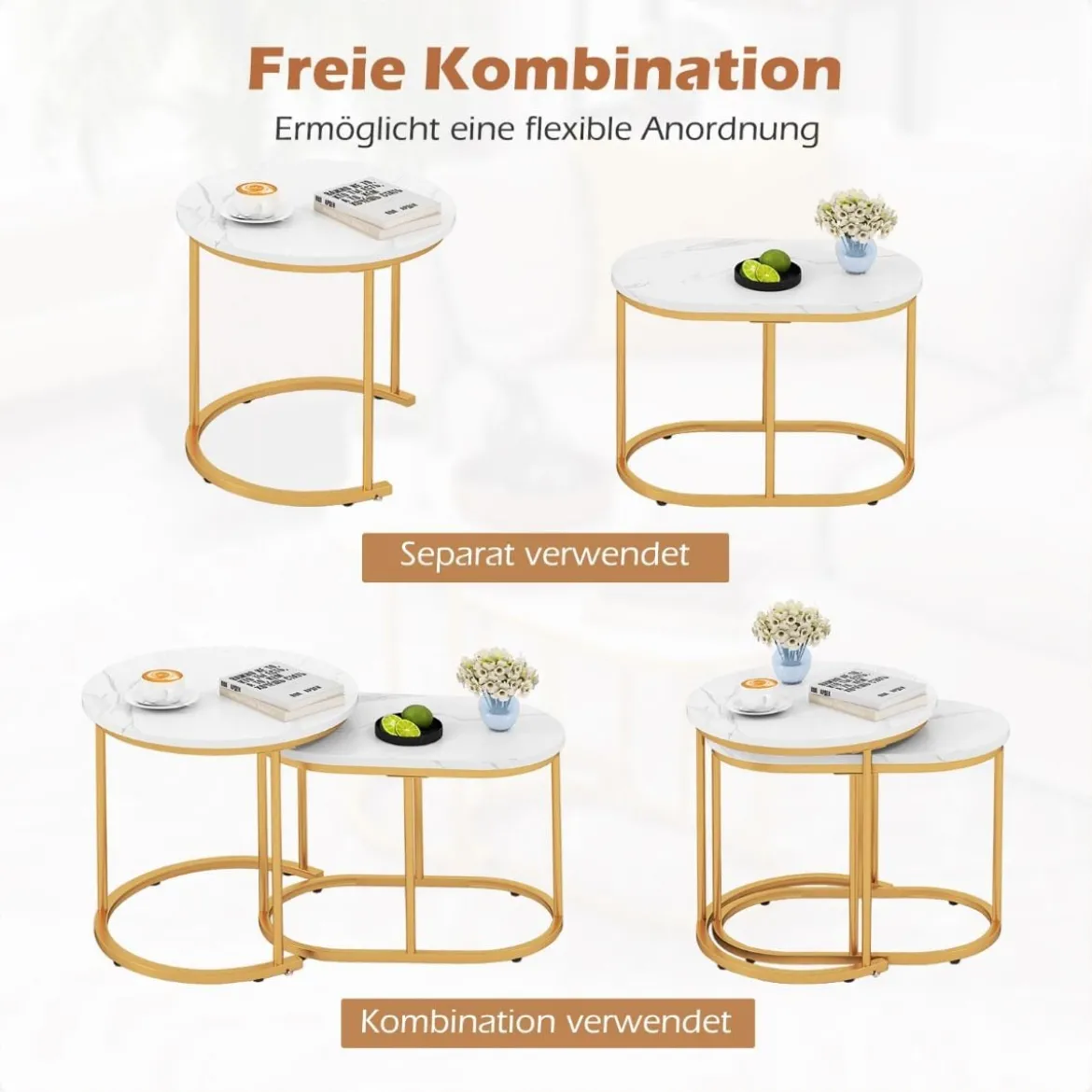 2er Set Couchtisch mit Marmoroptik Beistelltisch Holz mit goldfarbenem Metallbeinen