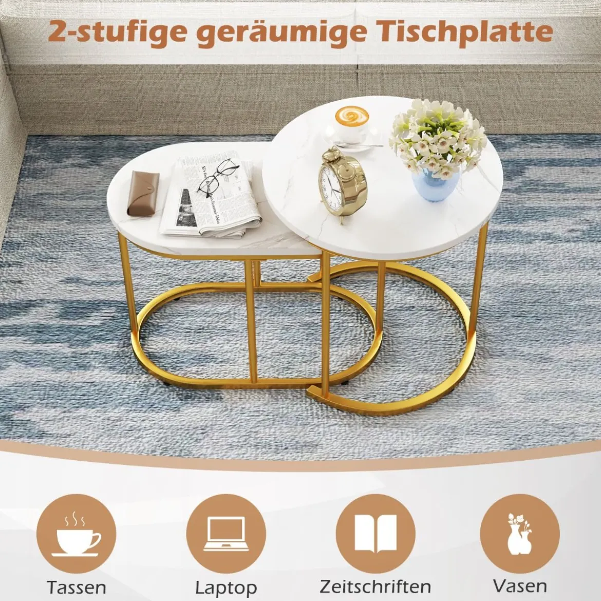 2er Set Couchtisch mit Marmoroptik Beistelltisch Holz mit goldfarbenem Metallbeinen