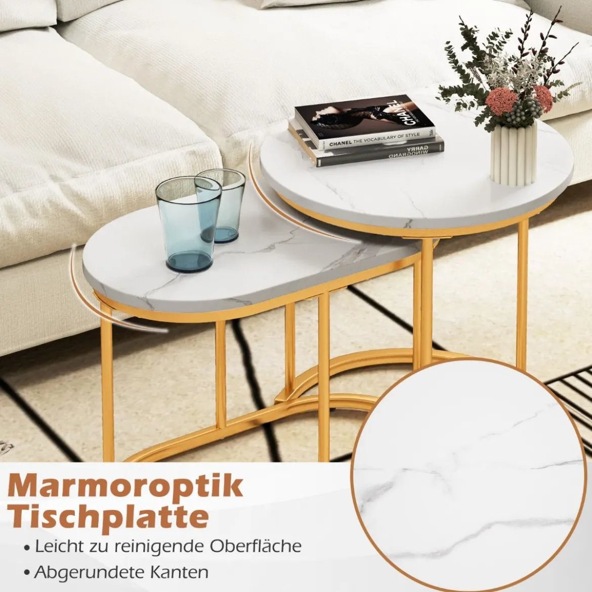2er Set Couchtisch mit Marmoroptik Beistelltisch Holz mit goldfarbenem Metallbeinen