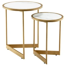 2er Set Couchtisch mit Marmoroptik mit Goldfarbenem Metallbeinen Modern Beistelltisch