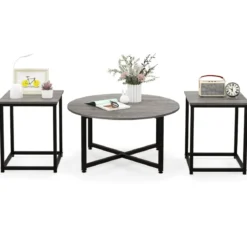 3er Set Couchtisch mit Robustem Metallrahmen Runder Kaffeetisch & 2 Quadratische Beistelltische Grau