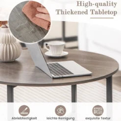 3er Set Couchtisch mit Robustem Metallrahmen Runder Kaffeetisch & 2 Quadratische Beistelltische Grau