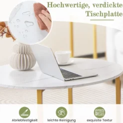3er Set Couchtisch mit Robustem Metallrahmen Runder Kaffeetisch & 2 Quadratische Beistelltische Weiß