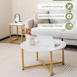 3er Set Couchtisch mit Robustem Metallrahmen Runder Kaffeetisch & 2 Quadratische Beistelltische Weiß