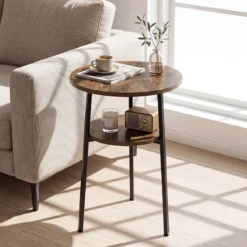 2er Set Couchtisch Rund Ø39 cm Beistelltisch mit 2 Ebenen Wohnzimmertsich mit Stahlrahmen Braun