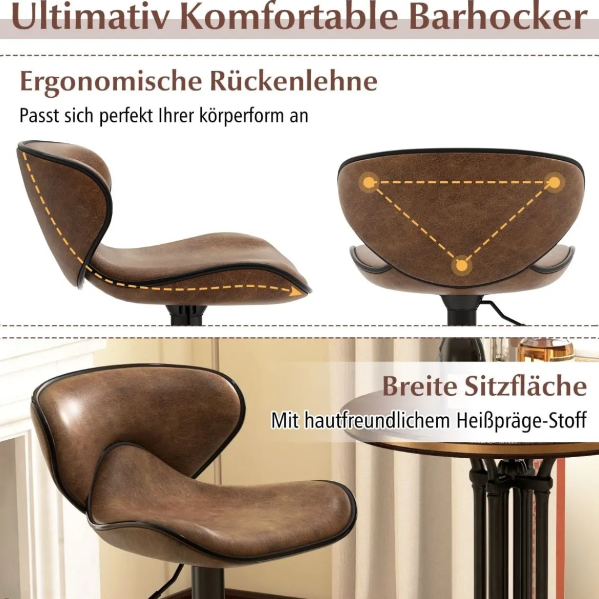 2er Set Drehbare Barhocker mit Rückenlehne & Fußstütze Barstühle Sitzhocker Rustikales Braun