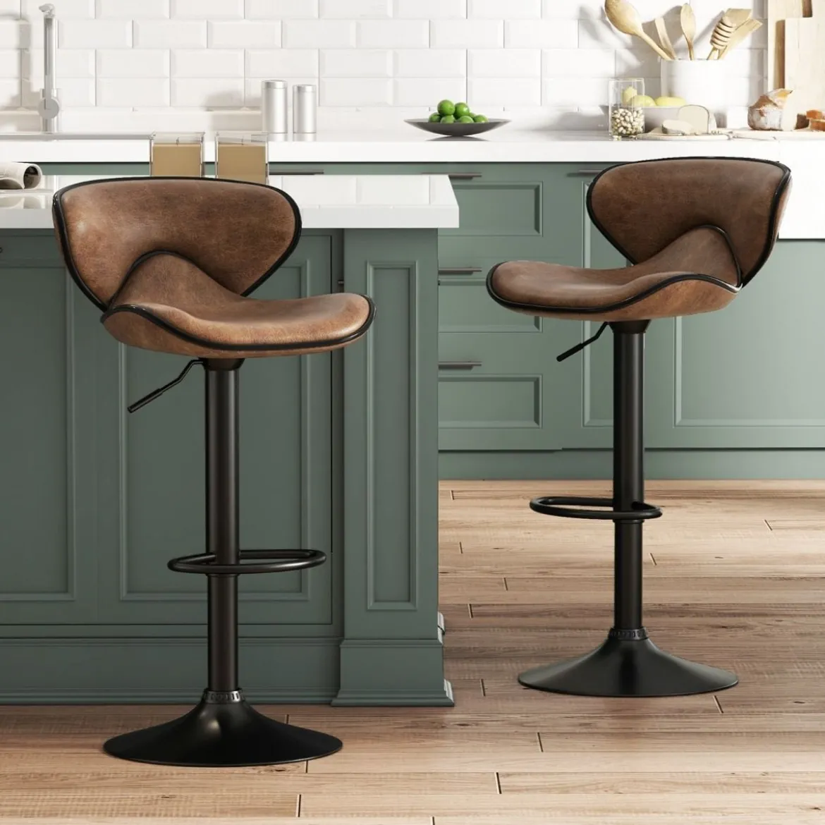 2er Set Drehbare Barhocker mit Rückenlehne & Fußstütze Barstühle Sitzhocker Rustikales Braun