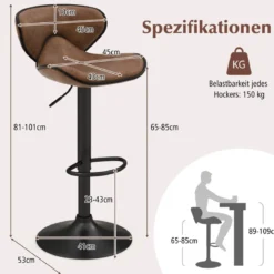 2er Set Drehbare Barhocker mit Rückenlehne & Fußstütze Barstühle Sitzhocker Rustikales Braun