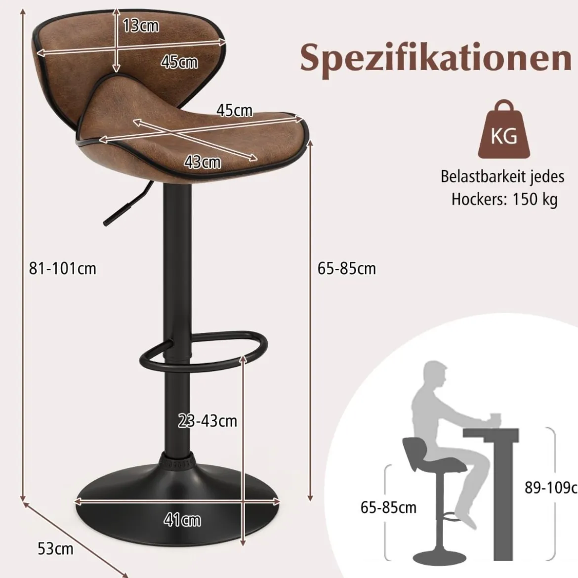2er Set Drehbare Barhocker mit Rückenlehne & Fußstütze Barstühle Sitzhocker Rustikales Braun