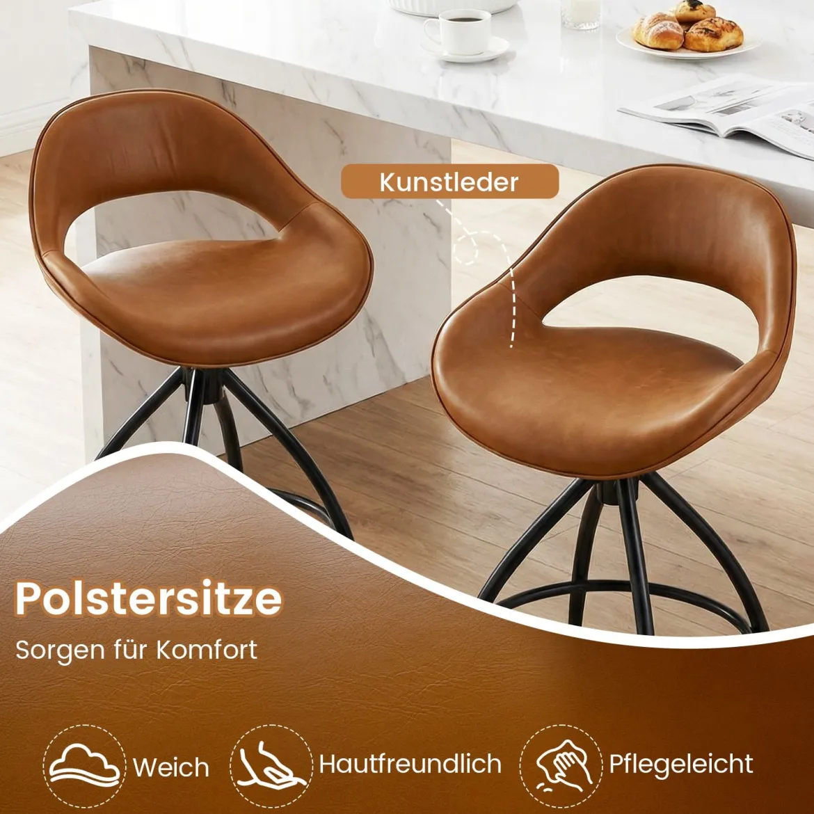 2er Set Drehbarer Barhocker mit Geschwungen Rückenlehne & Fußstütze Gepolsterter Tresenhocker