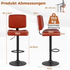2er Set Drehbarer Barhocker mit Verstellbarer Höhe & Gepolstertem Sitz Barstuhl Küchenstuhl Rotbraun